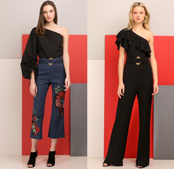 Josie Natori 2017 Pre Fall Autumn Womens Lookbook Presentation - Outerwear Trench Coat Vintage Japanese Kimonos Brocade Flowers Floral Motif Cinch Blouse Ruffles One Shoulder Wide Leg Palazzo Pants Mix Match Prints Motorcycle Biker Jacket Obi Sash Sleeveless Denim Jeans Blazer Cropped Pants Capri