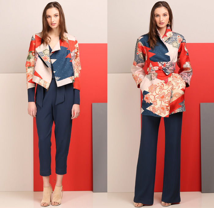 Josie Natori 2017 Pre Fall Autumn Womens Lookbook Presentation - Outerwear Trench Coat Vintage Japanese Kimonos Brocade Flowers Floral Motif Cinch Blouse Ruffles One Shoulder Wide Leg Palazzo Pants Mix Match Prints Motorcycle Biker Jacket Obi Sash Sleeveless Denim Jeans Blazer Cropped Pants Capri