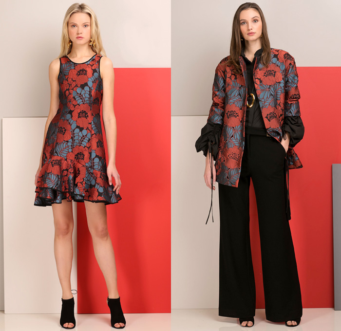 Josie Natori 2017 Pre Fall Autumn Womens Lookbook Presentation - Outerwear Trench Coat Vintage Japanese Kimonos Brocade Flowers Floral Motif Cinch Blouse Ruffles One Shoulder Wide Leg Palazzo Pants Mix Match Prints Motorcycle Biker Jacket Obi Sash Sleeveless Denim Jeans Blazer Cropped Pants Capri