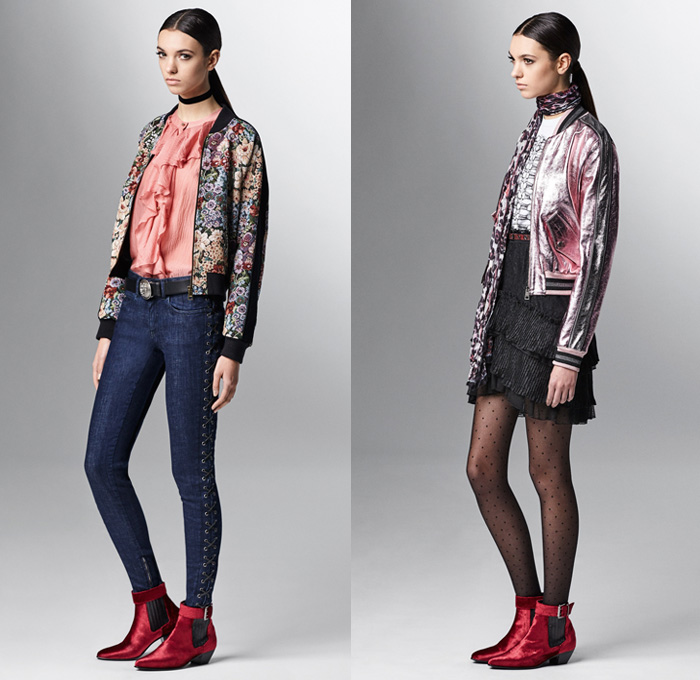 Just Cavalli 2017 Pre Fall Autumn Womens Lookbook Presentation - Marching Band Bandleader Coat Poncho Cloak Hanging Sleeve Metallic Gold Silver Bomber Jacket Fur Vest Flowers Floral Blouse Ruffles Miniskirt Stockings Tights Hosiery High Low Hem Maxi Dress Lace Needlework Butterflies Tiger Jungle Leopard Cheetah Snake Reptile Ornamental Decorative Art Fringes Silk Leather Dots Scarf Ankle Boots Sunglasses Choker Crossbody Bag