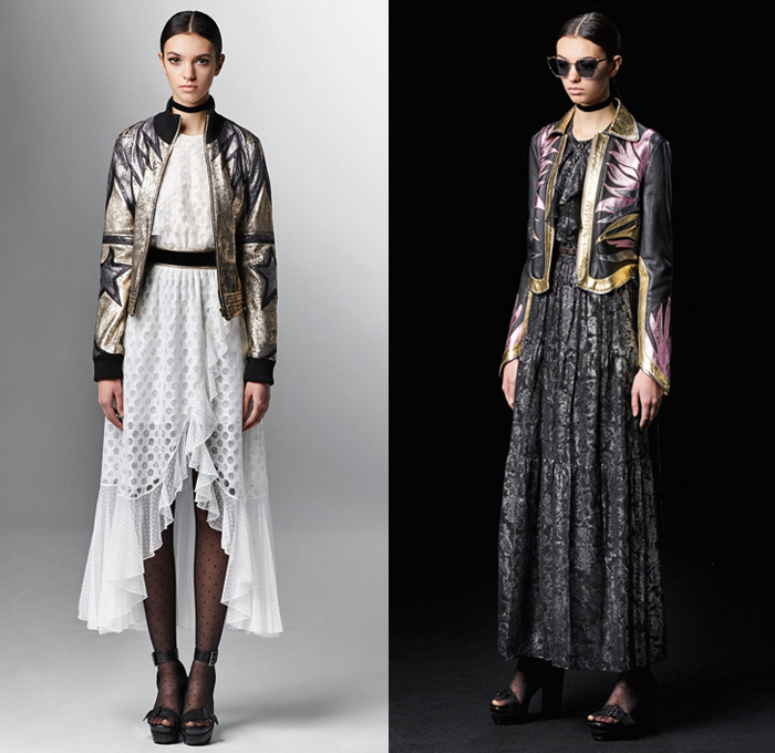 Just Cavalli 2017 Pre Fall Autumn Womens Lookbook Presentation - Marching Band Bandleader Coat Poncho Cloak Hanging Sleeve Metallic Gold Silver Bomber Jacket Fur Vest Flowers Floral Blouse Ruffles Miniskirt Stockings Tights Hosiery High Low Hem Maxi Dress Lace Needlework Butterflies Tiger Jungle Leopard Cheetah Snake Reptile Ornamental Decorative Art Fringes Silk Leather Dots Scarf Ankle Boots Sunglasses Choker Crossbody Bag