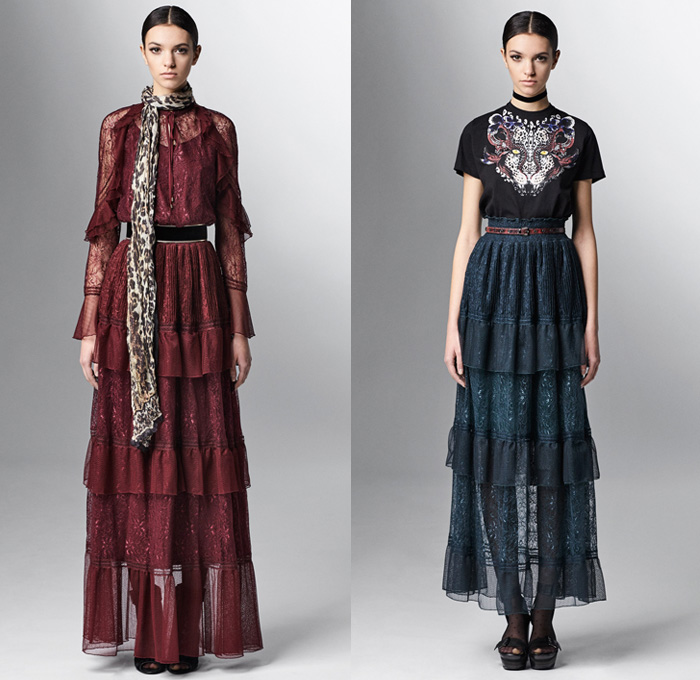 Just Cavalli 2017 Pre Fall Autumn Womens Lookbook Presentation - Marching Band Bandleader Coat Poncho Cloak Hanging Sleeve Metallic Gold Silver Bomber Jacket Fur Vest Flowers Floral Blouse Ruffles Miniskirt Stockings Tights Hosiery High Low Hem Maxi Dress Lace Needlework Butterflies Tiger Jungle Leopard Cheetah Snake Reptile Ornamental Decorative Art Fringes Silk Leather Dots Scarf Ankle Boots Sunglasses Choker Crossbody Bag