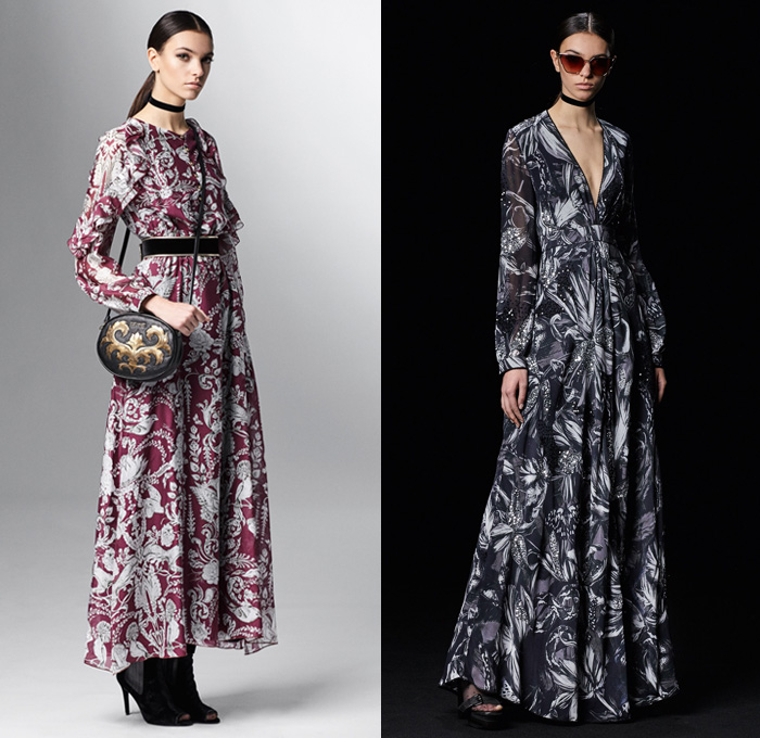 Just Cavalli 2017 Pre Fall Autumn Womens Lookbook Presentation - Marching Band Bandleader Coat Poncho Cloak Hanging Sleeve Metallic Gold Silver Bomber Jacket Fur Vest Flowers Floral Blouse Ruffles Miniskirt Stockings Tights Hosiery High Low Hem Maxi Dress Lace Needlework Butterflies Tiger Jungle Leopard Cheetah Snake Reptile Ornamental Decorative Art Fringes Silk Leather Dots Scarf Ankle Boots Sunglasses Choker Crossbody Bag