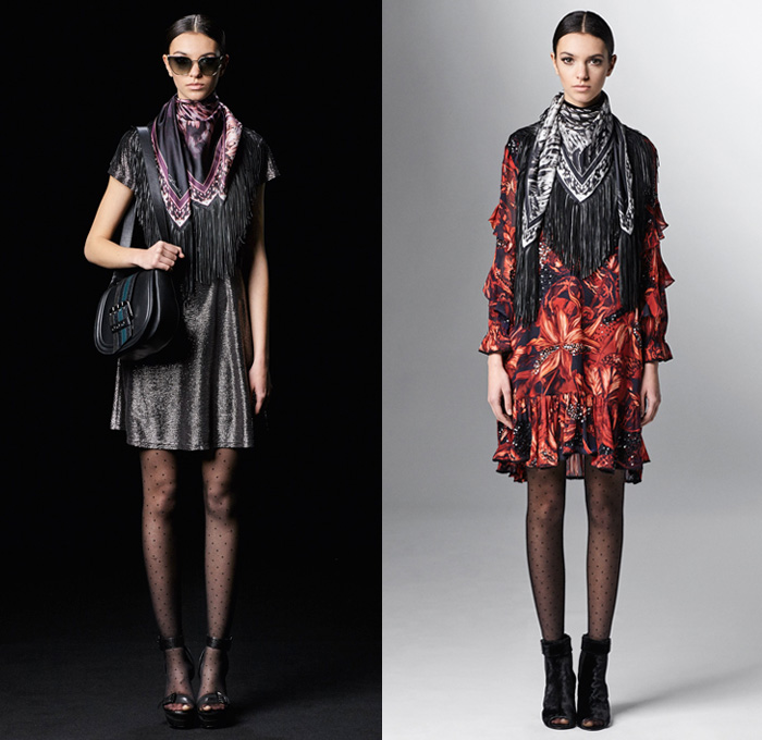 Just Cavalli 2017 Pre Fall Autumn Womens Lookbook Presentation - Marching Band Bandleader Coat Poncho Cloak Hanging Sleeve Metallic Gold Silver Bomber Jacket Fur Vest Flowers Floral Blouse Ruffles Miniskirt Stockings Tights Hosiery High Low Hem Maxi Dress Lace Needlework Butterflies Tiger Jungle Leopard Cheetah Snake Reptile Ornamental Decorative Art Fringes Silk Leather Dots Scarf Ankle Boots Sunglasses Choker Crossbody Bag