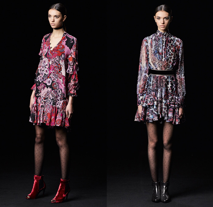 Just Cavalli 2017 Pre Fall Autumn Womens Lookbook Presentation - Marching Band Bandleader Coat Poncho Cloak Hanging Sleeve Metallic Gold Silver Bomber Jacket Fur Vest Flowers Floral Blouse Ruffles Miniskirt Stockings Tights Hosiery High Low Hem Maxi Dress Lace Needlework Butterflies Tiger Jungle Leopard Cheetah Snake Reptile Ornamental Decorative Art Fringes Silk Leather Dots Scarf Ankle Boots Sunglasses Choker Crossbody Bag