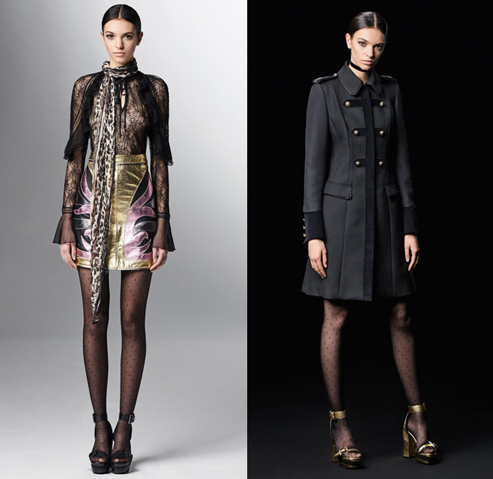 Just Cavalli 2017 Pre Fall Autumn Womens Lookbook Presentation - Marching Band Bandleader Coat Poncho Cloak Hanging Sleeve Metallic Gold Silver Bomber Jacket Fur Vest Flowers Floral Blouse Ruffles Miniskirt Stockings Tights Hosiery High Low Hem Maxi Dress Lace Needlework Butterflies Tiger Jungle Leopard Cheetah Snake Reptile Ornamental Decorative Art Fringes Silk Leather Dots Scarf Ankle Boots Sunglasses Choker Crossbody Bag