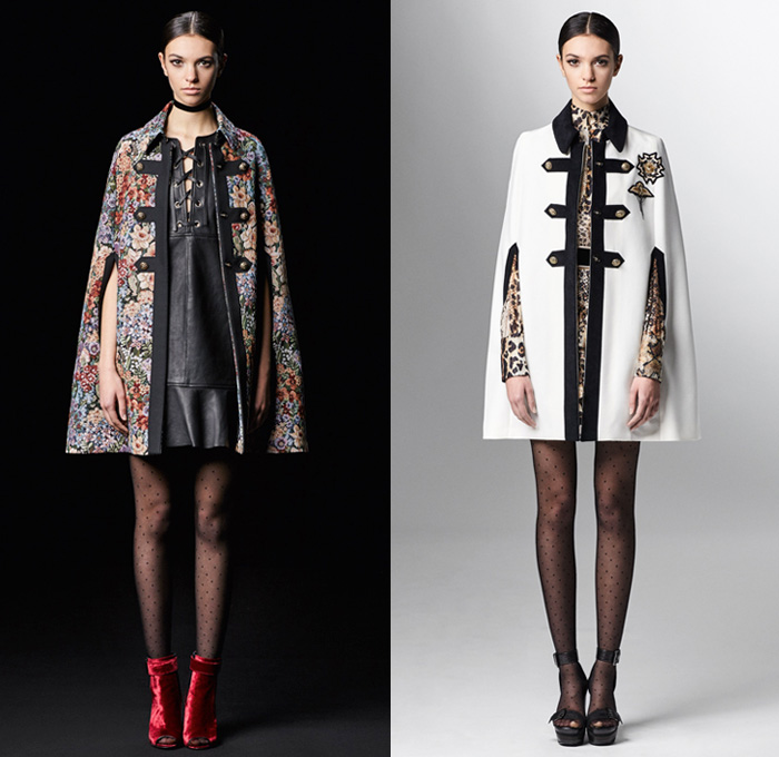 Just Cavalli 2017 Pre Fall Autumn Womens Lookbook Presentation - Marching Band Bandleader Coat Poncho Cloak Hanging Sleeve Metallic Gold Silver Bomber Jacket Fur Vest Flowers Floral Blouse Ruffles Miniskirt Stockings Tights Hosiery High Low Hem Maxi Dress Lace Needlework Butterflies Tiger Jungle Leopard Cheetah Snake Reptile Ornamental Decorative Art Fringes Silk Leather Dots Scarf Ankle Boots Sunglasses Choker Crossbody Bag