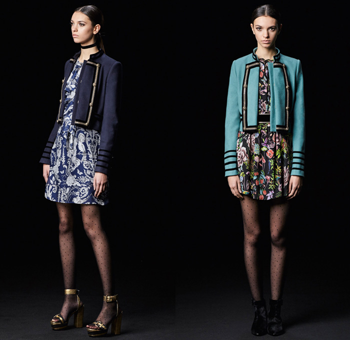 Just Cavalli 2017 Pre Fall Autumn Womens Lookbook Presentation - Marching Band Bandleader Coat Poncho Cloak Hanging Sleeve Metallic Gold Silver Bomber Jacket Fur Vest Flowers Floral Blouse Ruffles Miniskirt Stockings Tights Hosiery High Low Hem Maxi Dress Lace Needlework Butterflies Tiger Jungle Leopard Cheetah Snake Reptile Ornamental Decorative Art Fringes Silk Leather Dots Scarf Ankle Boots Sunglasses Choker Crossbody Bag