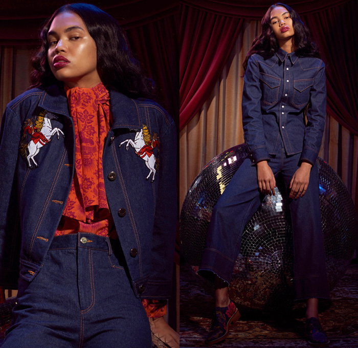 Karen Walker 2017 Pre Fall Autumn Womens Lookbook Presentation - Western Rodeo Embroidery Denim Jeans Wide Leg Trousers Frayed Raw Hem Unicorn Ornamental Print Decorative Art Brocade Pussycat Bow Scarf Outerwear Coat Cropped Pants Ruffles Dress Plaid Tartan Check Gingham Metallic Leaves Foliage Sleepwear Pajamas Lounge Shirt Strapless Open Shoulders Tiered Miniskirt Asymmetrical Hem