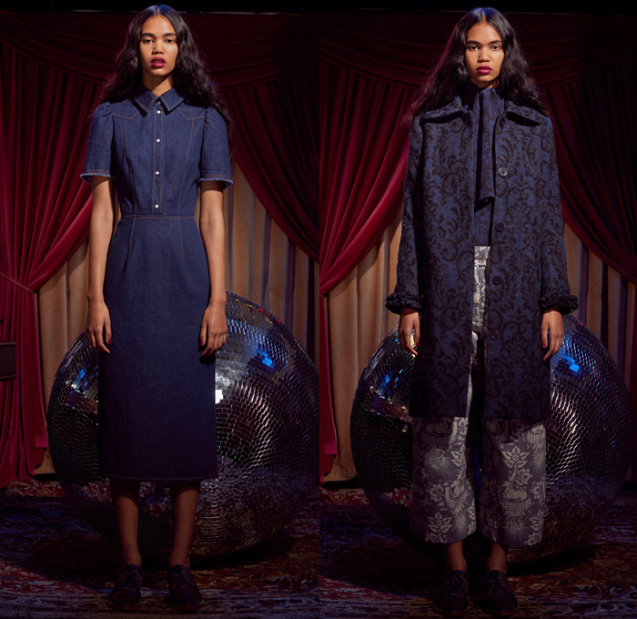 Karen Walker 2017 Pre Fall Autumn Womens Lookbook Presentation - Western Rodeo Embroidery Denim Jeans Wide Leg Trousers Frayed Raw Hem Unicorn Ornamental Print Decorative Art Brocade Pussycat Bow Scarf Outerwear Coat Cropped Pants Ruffles Dress Plaid Tartan Check Gingham Metallic Leaves Foliage Sleepwear Pajamas Lounge Shirt Strapless Open Shoulders Tiered Miniskirt Asymmetrical Hem