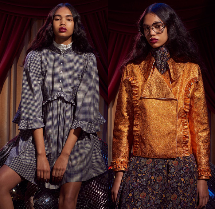 Karen Walker 2017 Pre Fall Autumn Womens Lookbook Presentation - Western Rodeo Embroidery Denim Jeans Wide Leg Trousers Frayed Raw Hem Unicorn Ornamental Print Decorative Art Brocade Pussycat Bow Scarf Outerwear Coat Cropped Pants Ruffles Dress Plaid Tartan Check Gingham Metallic Leaves Foliage Sleepwear Pajamas Lounge Shirt Strapless Open Shoulders Tiered Miniskirt Asymmetrical Hem