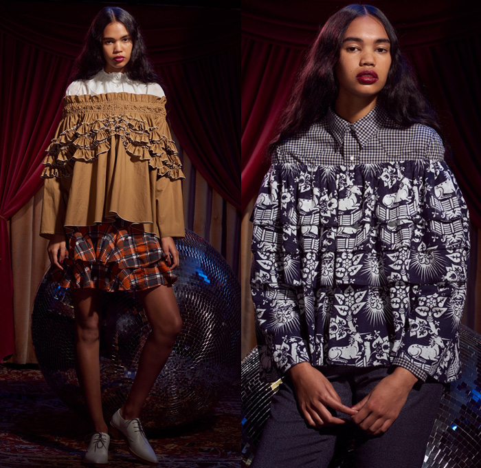 Karen Walker 2017 Pre Fall Autumn Womens Lookbook Presentation - Western Rodeo Embroidery Denim Jeans Wide Leg Trousers Frayed Raw Hem Unicorn Ornamental Print Decorative Art Brocade Pussycat Bow Scarf Outerwear Coat Cropped Pants Ruffles Dress Plaid Tartan Check Gingham Metallic Leaves Foliage Sleepwear Pajamas Lounge Shirt Strapless Open Shoulders Tiered Miniskirt Asymmetrical Hem