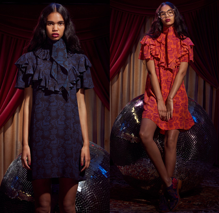 Karen Walker 2017 Pre Fall Autumn Womens Lookbook Presentation - Western Rodeo Embroidery Denim Jeans Wide Leg Trousers Frayed Raw Hem Unicorn Ornamental Print Decorative Art Brocade Pussycat Bow Scarf Outerwear Coat Cropped Pants Ruffles Dress Plaid Tartan Check Gingham Metallic Leaves Foliage Sleepwear Pajamas Lounge Shirt Strapless Open Shoulders Tiered Miniskirt Asymmetrical Hem