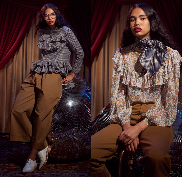 Karen Walker 2017 Pre Fall Autumn Womens Lookbook Presentation - Western Rodeo Embroidery Denim Jeans Wide Leg Trousers Frayed Raw Hem Unicorn Ornamental Print Decorative Art Brocade Pussycat Bow Scarf Outerwear Coat Cropped Pants Ruffles Dress Plaid Tartan Check Gingham Metallic Leaves Foliage Sleepwear Pajamas Lounge Shirt Strapless Open Shoulders Tiered Miniskirt Asymmetrical Hem