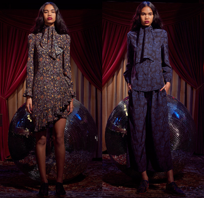 Karen Walker 2017 Pre Fall Autumn Womens Lookbook Presentation - Western Rodeo Embroidery Denim Jeans Wide Leg Trousers Frayed Raw Hem Unicorn Ornamental Print Decorative Art Brocade Pussycat Bow Scarf Outerwear Coat Cropped Pants Ruffles Dress Plaid Tartan Check Gingham Metallic Leaves Foliage Sleepwear Pajamas Lounge Shirt Strapless Open Shoulders Tiered Miniskirt Asymmetrical Hem