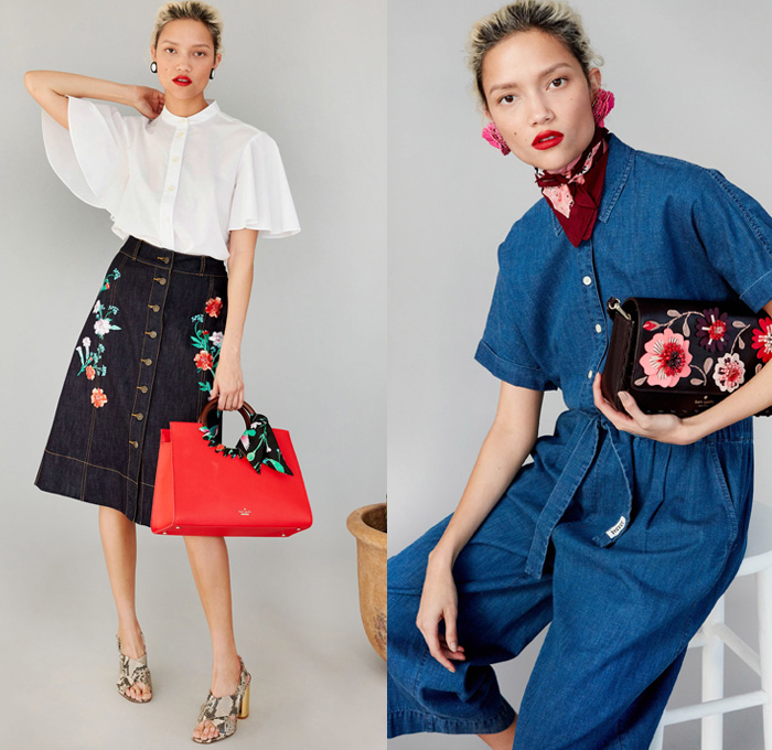 Kate Spade New York 2017 Pre Fall Autumn Womens Lookbook Presentation - Frida Kahlo Mexico Embroidery Huipil Blouse Tunic Onesie Jumpsuit Coveralls Colorblock Stripes Tiered Lace Needlework Flowers Floral Print Graphic Motif Sheer Chiffon Drawstring Tassels Chili Peppers Pop Art Halter Top Pinafore Dress Sleeveless Geometric Diamonds Strapless Denim Jeans Skirt Chambray Handbag Purse Scarf