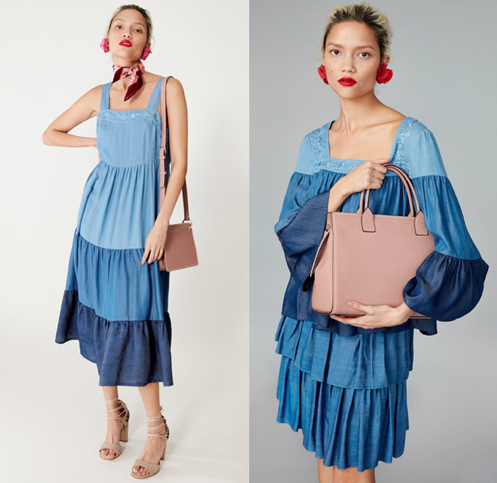 Kate Spade New York 2017 Pre Fall Autumn Womens Lookbook Presentation - Frida Kahlo Mexico Embroidery Huipil Blouse Tunic Onesie Jumpsuit Coveralls Colorblock Stripes Tiered Lace Needlework Flowers Floral Print Graphic Motif Sheer Chiffon Drawstring Tassels Chili Peppers Pop Art Halter Top Pinafore Dress Sleeveless Geometric Diamonds Strapless Denim Jeans Skirt Chambray Handbag Purse Scarf