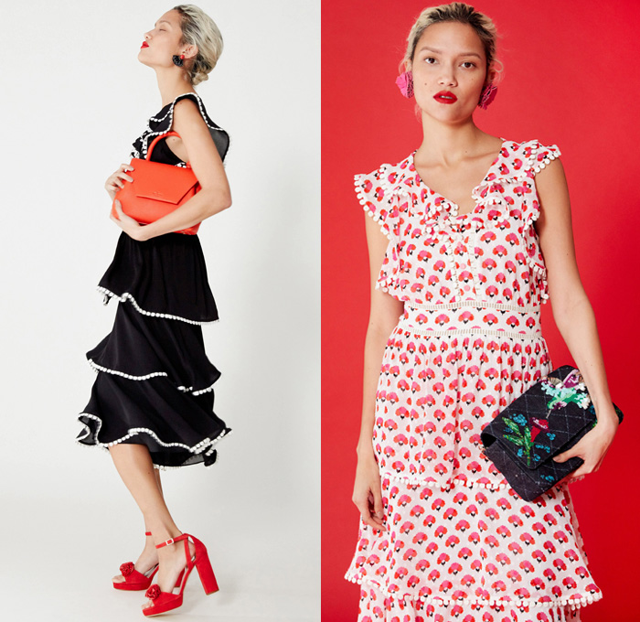 Kate Spade New York 2017 Pre Fall Autumn Womens Lookbook Presentation - Frida Kahlo Mexico Embroidery Huipil Blouse Tunic Onesie Jumpsuit Coveralls Colorblock Stripes Tiered Lace Needlework Flowers Floral Print Graphic Motif Sheer Chiffon Drawstring Tassels Chili Peppers Pop Art Halter Top Pinafore Dress Sleeveless Geometric Diamonds Strapless Denim Jeans Skirt Chambray Handbag Purse Scarf