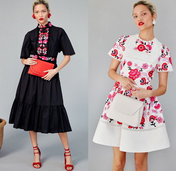 Kate Spade New York 2017 Pre Fall Autumn Womens Lookbook Presentation - Frida Kahlo Mexico Embroidery Huipil Blouse Tunic Onesie Jumpsuit Coveralls Colorblock Stripes Tiered Lace Needlework Flowers Floral Print Graphic Motif Sheer Chiffon Drawstring Tassels Chili Peppers Pop Art Halter Top Pinafore Dress Sleeveless Geometric Diamonds Strapless Denim Jeans Skirt Chambray Handbag Purse Scarf