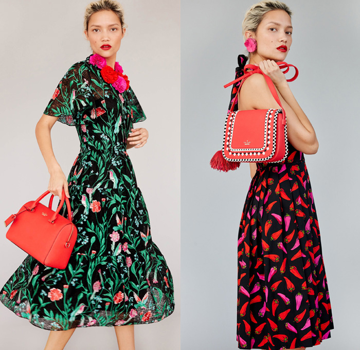 Kate Spade New York 2017 Pre Fall Autumn Womens Lookbook Presentation - Frida Kahlo Mexico Embroidery Huipil Blouse Tunic Onesie Jumpsuit Coveralls Colorblock Stripes Tiered Lace Needlework Flowers Floral Print Graphic Motif Sheer Chiffon Drawstring Tassels Chili Peppers Pop Art Halter Top Pinafore Dress Sleeveless Geometric Diamonds Strapless Denim Jeans Skirt Chambray Handbag Purse Scarf