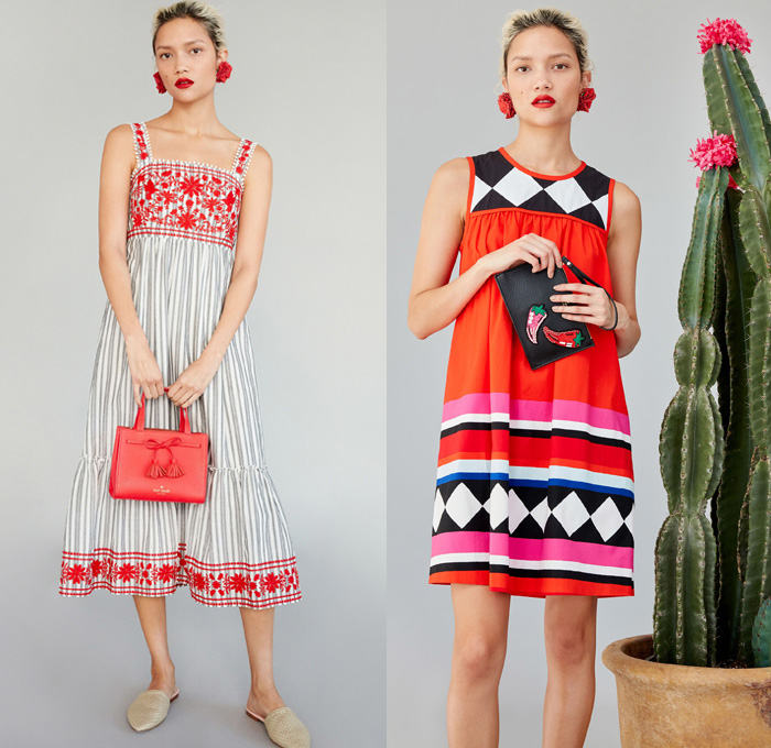Kate Spade New York 2017 Pre Fall Autumn Womens Lookbook Presentation - Frida Kahlo Mexico Embroidery Huipil Blouse Tunic Onesie Jumpsuit Coveralls Colorblock Stripes Tiered Lace Needlework Flowers Floral Print Graphic Motif Sheer Chiffon Drawstring Tassels Chili Peppers Pop Art Halter Top Pinafore Dress Sleeveless Geometric Diamonds Strapless Denim Jeans Skirt Chambray Handbag Purse Scarf