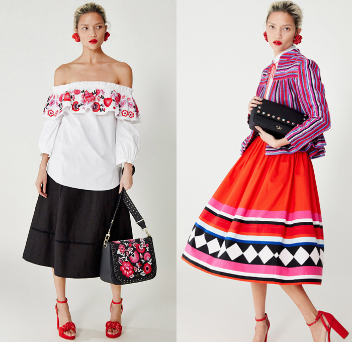 Kate Spade New York 2017 Pre Fall Autumn Womens Lookbook Presentation - Frida Kahlo Mexico Embroidery Huipil Blouse Tunic Onesie Jumpsuit Coveralls Colorblock Stripes Tiered Lace Needlework Flowers Floral Print Graphic Motif Sheer Chiffon Drawstring Tassels Chili Peppers Pop Art Halter Top Pinafore Dress Sleeveless Geometric Diamonds Strapless Denim Jeans Skirt Chambray Handbag Purse Scarf