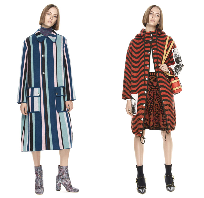 M Missoni 2017 Pre Fall Autumn Womens Lookbook Presentation - Oversized Outerwear Coat Knit Sweater Jumper Stripes Cargo Pockets Turtleneck Hooded Sweatshirt Skirt Frock Brocade Jacquard Ornamental Decorative Baroque Art Embroidery Wrap Twist Bandage Camouflage Foot Strap Abstract Triangle Cap Sleeve Shorts Ruffles Tiered Waves Mesh PVC Pants Trousers Blouse Drawstring Vest Cardigan Harness Fanny Pack Waist Pouch Belt Bag Sheer Chiffon Purse Clutch