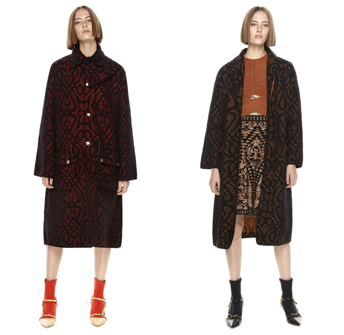 M Missoni 2017 Pre Fall Autumn Womens Lookbook Presentation - Oversized Outerwear Coat Knit Sweater Jumper Stripes Cargo Pockets Turtleneck Hooded Sweatshirt Skirt Frock Brocade Jacquard Ornamental Decorative Baroque Art Embroidery Wrap Twist Bandage Camouflage Foot Strap Abstract Triangle Cap Sleeve Shorts Ruffles Tiered Waves Mesh PVC Pants Trousers Blouse Drawstring Vest Cardigan Harness Fanny Pack Waist Pouch Belt Bag Sheer Chiffon Purse Clutch