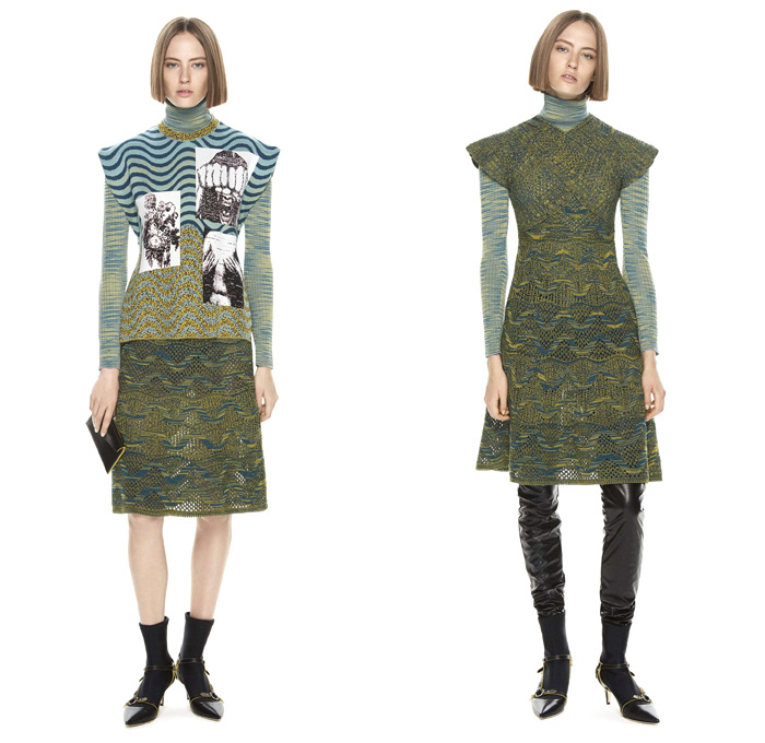 M Missoni 2017 Pre Fall Autumn Womens Lookbook Presentation - Oversized Outerwear Coat Knit Sweater Jumper Stripes Cargo Pockets Turtleneck Hooded Sweatshirt Skirt Frock Brocade Jacquard Ornamental Decorative Baroque Art Embroidery Wrap Twist Bandage Camouflage Foot Strap Abstract Triangle Cap Sleeve Shorts Ruffles Tiered Waves Mesh PVC Pants Trousers Blouse Drawstring Vest Cardigan Harness Fanny Pack Waist Pouch Belt Bag Sheer Chiffon Purse Clutch