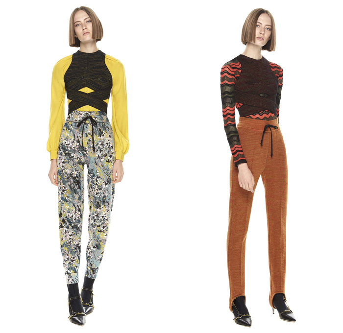 M Missoni 2017 Pre Fall Autumn Womens Lookbook Presentation - Oversized Outerwear Coat Knit Sweater Jumper Stripes Cargo Pockets Turtleneck Hooded Sweatshirt Skirt Frock Brocade Jacquard Ornamental Decorative Baroque Art Embroidery Wrap Twist Bandage Camouflage Foot Strap Abstract Triangle Cap Sleeve Shorts Ruffles Tiered Waves Mesh PVC Pants Trousers Blouse Drawstring Vest Cardigan Harness Fanny Pack Waist Pouch Belt Bag Sheer Chiffon Purse Clutch