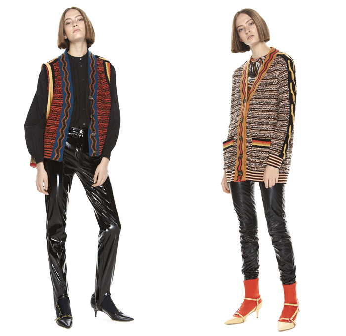 M Missoni 2017 Pre Fall Autumn Womens Lookbook Presentation - Oversized Outerwear Coat Knit Sweater Jumper Stripes Cargo Pockets Turtleneck Hooded Sweatshirt Skirt Frock Brocade Jacquard Ornamental Decorative Baroque Art Embroidery Wrap Twist Bandage Camouflage Foot Strap Abstract Triangle Cap Sleeve Shorts Ruffles Tiered Waves Mesh PVC Pants Trousers Blouse Drawstring Vest Cardigan Harness Fanny Pack Waist Pouch Belt Bag Sheer Chiffon Purse Clutch