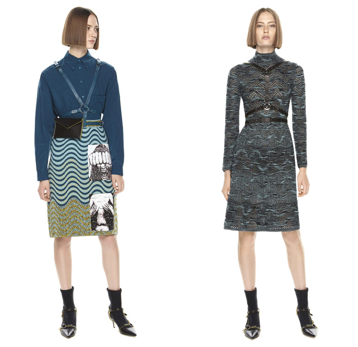 M Missoni 2017 Pre Fall Autumn Womens Lookbook Presentation - Oversized Outerwear Coat Knit Sweater Jumper Stripes Cargo Pockets Turtleneck Hooded Sweatshirt Skirt Frock Brocade Jacquard Ornamental Decorative Baroque Art Embroidery Wrap Twist Bandage Camouflage Foot Strap Abstract Triangle Cap Sleeve Shorts Ruffles Tiered Waves Mesh PVC Pants Trousers Blouse Drawstring Vest Cardigan Harness Fanny Pack Waist Pouch Belt Bag Sheer Chiffon Purse Clutch