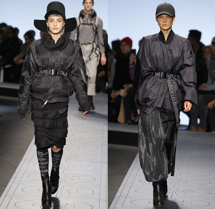 Marcelo Burlon County of Milan 2017 Pre Fall Autumn Womens Runway Catwalk Looks - Milano Moda Uomo Milan Fashion Week Mens - Argentina Post-Apocalyptic Westworld Cowgirl Urban Dark Corset Harness Belts Straps D-ring Tiered Skirt Frock Sweater Jumper Sweaterdress Cargo Pockets Long Sleeve Shirt Skirt Over Pants Nylon Cutout Hood Patchwork Crop Top Midriff Accordion Pleats Bomber Jacket Belted Waist Wide Leg Trousers Culottes Gauchos Stripes Robe Snap Buttons Tearaway Pants Wrap Cinch Outerwear Coat Parka Coatdress Red Thigh High Leather Boots Amish Hat Scarf