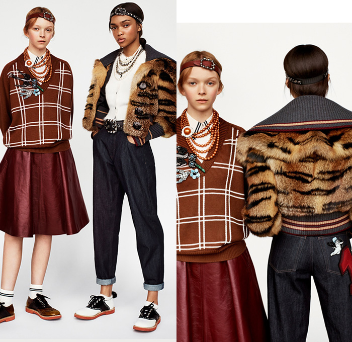 Miu Miu 2017 Pre Fall Autumn Womens Lookbook Presentation - 1950s Fifties Preppy Cap Outerwear Coat Shaggy Plush Fur Shearling Chunky Knit Cardigan Sweaterdress Turtleneck Poodle Circle Skirt Plaid Tartan Windowpane Check Leather Embroidery Decorated Bedazzled Brooch Metallic Studs Dress Corduroy Stripes Silk Flowers Floral Ruffles Bomber Varsity Jacket Houndstooth Wide Lapel Accessory Headband Beltband Necklace Beads Brooch Hat Cap Loafer Socks Oxfords Cupid Dove Numbers Patches Handbag Pumps Pop Art Denim Jeans Tapered Fit