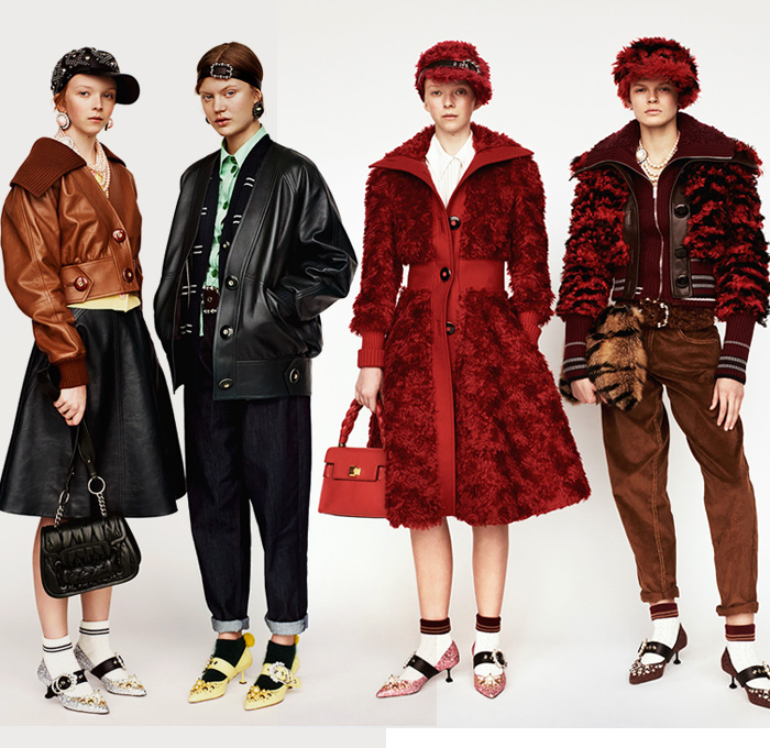 Miu Miu 2017 Pre Fall Autumn Womens Lookbook Presentation - 1950s Fifties Preppy Cap Outerwear Coat Shaggy Plush Fur Shearling Chunky Knit Cardigan Sweaterdress Turtleneck Poodle Circle Skirt Plaid Tartan Windowpane Check Leather Embroidery Decorated Bedazzled Brooch Metallic Studs Dress Corduroy Stripes Silk Flowers Floral Ruffles Bomber Varsity Jacket Houndstooth Wide Lapel Accessory Headband Beltband Necklace Beads Brooch Hat Cap Loafer Socks Oxfords Cupid Dove Numbers Patches Handbag Pumps Pop Art Denim Jeans Tapered Fit