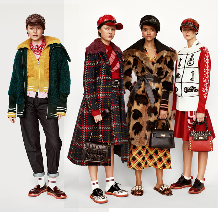 Miu Miu 2017 Pre Fall Autumn Womens Lookbook Presentation - 1950s Fifties Preppy Cap Outerwear Coat Shaggy Plush Fur Shearling Chunky Knit Cardigan Sweaterdress Turtleneck Poodle Circle Skirt Plaid Tartan Windowpane Check Leather Embroidery Decorated Bedazzled Brooch Metallic Studs Dress Corduroy Stripes Silk Flowers Floral Ruffles Bomber Varsity Jacket Houndstooth Wide Lapel Accessory Headband Beltband Necklace Beads Brooch Hat Cap Loafer Socks Oxfords Cupid Dove Numbers Patches Handbag Pumps Pop Art Denim Jeans Tapered Fit