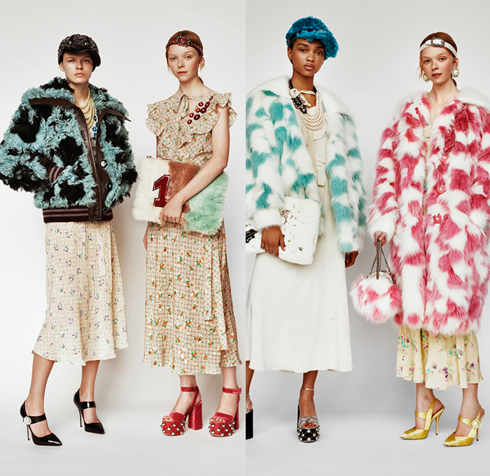 Miu Miu 2017 Pre Fall Autumn Womens Lookbook Presentation - 1950s Fifties Preppy Cap Outerwear Coat Shaggy Plush Fur Shearling Chunky Knit Cardigan Sweaterdress Turtleneck Poodle Circle Skirt Plaid Tartan Windowpane Check Leather Embroidery Decorated Bedazzled Brooch Metallic Studs Dress Corduroy Stripes Silk Flowers Floral Ruffles Bomber Varsity Jacket Houndstooth Wide Lapel Accessory Headband Beltband Necklace Beads Brooch Hat Cap Loafer Socks Oxfords Cupid Dove Numbers Patches Handbag Pumps Pop Art Denim Jeans Tapered Fit