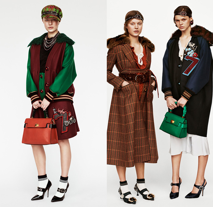 Miu Miu 2017 Pre Fall Autumn Womens Lookbook Presentation - 1950s Fifties Preppy Cap Outerwear Coat Shaggy Plush Fur Shearling Chunky Knit Cardigan Sweaterdress Turtleneck Poodle Circle Skirt Plaid Tartan Windowpane Check Leather Embroidery Decorated Bedazzled Brooch Metallic Studs Dress Corduroy Stripes Silk Flowers Floral Ruffles Bomber Varsity Jacket Houndstooth Wide Lapel Accessory Headband Beltband Necklace Beads Brooch Hat Cap Loafer Socks Oxfords Cupid Dove Numbers Patches Handbag Pumps Pop Art Denim Jeans Tapered Fit