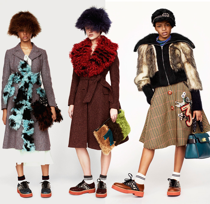 Miu Miu 2017 Pre Fall Autumn Womens Lookbook Presentation - 1950s Fifties Preppy Cap Outerwear Coat Shaggy Plush Fur Shearling Chunky Knit Cardigan Sweaterdress Turtleneck Poodle Circle Skirt Plaid Tartan Windowpane Check Leather Embroidery Decorated Bedazzled Brooch Metallic Studs Dress Corduroy Stripes Silk Flowers Floral Ruffles Bomber Varsity Jacket Houndstooth Wide Lapel Accessory Headband Beltband Necklace Beads Brooch Hat Cap Loafer Socks Oxfords Cupid Dove Numbers Patches Handbag Pumps Pop Art Denim Jeans Tapered Fit