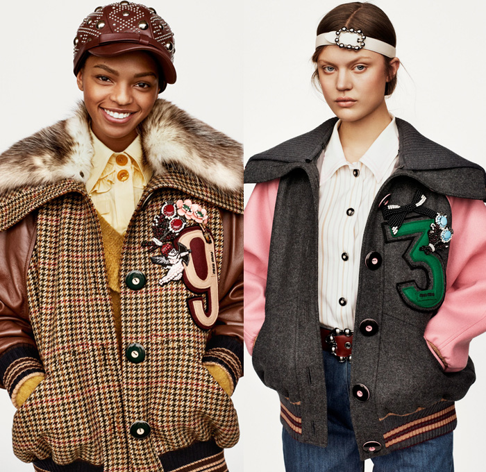 Miu Miu 2017 Pre Fall Autumn Womens Lookbook Presentation - 1950s Fifties Preppy Cap Outerwear Coat Shaggy Plush Fur Shearling Chunky Knit Cardigan Sweaterdress Turtleneck Poodle Circle Skirt Plaid Tartan Windowpane Check Leather Embroidery Decorated Bedazzled Brooch Metallic Studs Dress Corduroy Stripes Silk Flowers Floral Ruffles Bomber Varsity Jacket Houndstooth Wide Lapel Accessory Headband Beltband Necklace Beads Brooch Hat Cap Loafer Socks Oxfords Cupid Dove Numbers Patches Handbag Pumps Pop Art Denim Jeans Tapered Fit