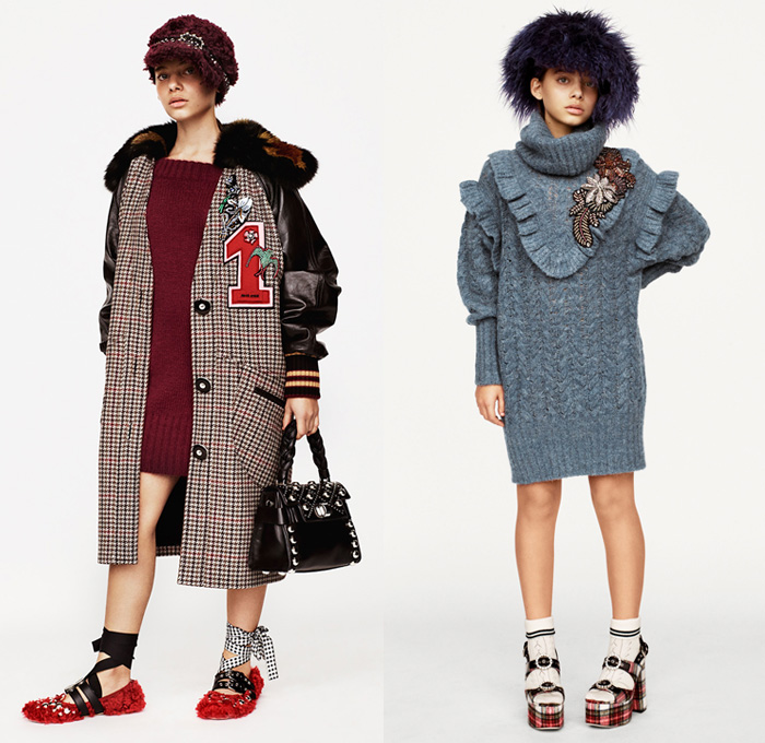 Miu Miu 2017 Pre Fall Autumn Womens Lookbook Presentation - 1950s Fifties Preppy Cap Outerwear Coat Shaggy Plush Fur Shearling Chunky Knit Cardigan Sweaterdress Turtleneck Poodle Circle Skirt Plaid Tartan Windowpane Check Leather Embroidery Decorated Bedazzled Brooch Metallic Studs Dress Corduroy Stripes Silk Flowers Floral Ruffles Bomber Varsity Jacket Houndstooth Wide Lapel Accessory Headband Beltband Necklace Beads Brooch Hat Cap Loafer Socks Oxfords Cupid Dove Numbers Patches Handbag Pumps Pop Art Denim Jeans Tapered Fit