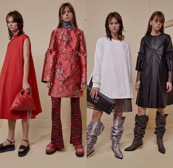 MM6 Maison Margiela 2017 Pre Fall Autumn Womens Lookbook Presentation - Oversized Outerwear Coat Knit Sweater Rose Flowers Floral Zebra A-line Dress Flare Pants Trousers Wide Bell Sleeves Silk Satin Turtleneck Crinoline Mesh Net Cinch Sweaterdress Tweed Wool Jacket Blazer Midi Skirt Sweatshirt Collar Panel Shirtdress Cargo Pockets Cardigan Asymmetrical Hem High Slit Bleached Denim Jeans Crocodile Cowgirl Fragile Boots Chain Purse Clutch