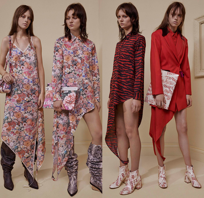 MM6 Maison Margiela 2017 Pre Fall Autumn Womens Lookbook Presentation - Oversized Outerwear Coat Knit Sweater Rose Flowers Floral Zebra A-line Dress Flare Pants Trousers Wide Bell Sleeves Silk Satin Turtleneck Crinoline Mesh Net Cinch Sweaterdress Tweed Wool Jacket Blazer Midi Skirt Sweatshirt Collar Panel Shirtdress Cargo Pockets Cardigan Asymmetrical Hem High Slit Bleached Denim Jeans Crocodile Cowgirl Fragile Boots Chain Purse Clutch