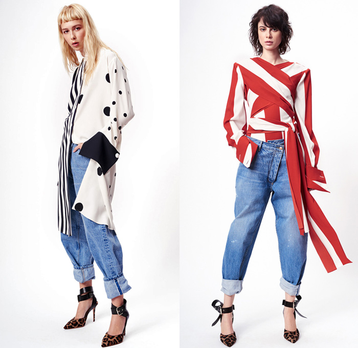 Monse 2017 Pre Fall Autumn Womens Lookbook Presentation - Twisted Wrap Drapery Knots Ribbons Deconstructed Mens Tailoring Shirting Pinstripe Stripes Polka Dots Dad Jeans Tapered Denim Silk Satin One Shoulder Dress Gown Eveningwear Peel Away Buttons High Slit Shirtdress Half & Half Outerwear Blazer Jacket Pantsuit Tuxedo Flare Vest Waistcoat Wide Leg Culottes Geometric Leopard Heels