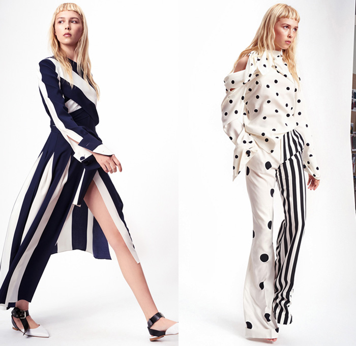 Monse 2017 Pre Fall Autumn Womens Lookbook Presentation - Twisted Wrap Drapery Knots Ribbons Deconstructed Mens Tailoring Shirting Pinstripe Stripes Polka Dots Dad Jeans Tapered Denim Silk Satin One Shoulder Dress Gown Eveningwear Peel Away Buttons High Slit Shirtdress Half & Half Outerwear Blazer Jacket Pantsuit Tuxedo Flare Vest Waistcoat Wide Leg Culottes Geometric Leopard Heels