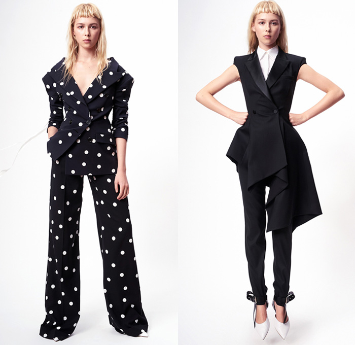 Monse 2017 Pre Fall Autumn Womens Lookbook Presentation - Twisted Wrap Drapery Knots Ribbons Deconstructed Mens Tailoring Shirting Pinstripe Stripes Polka Dots Dad Jeans Tapered Denim Silk Satin One Shoulder Dress Gown Eveningwear Peel Away Buttons High Slit Shirtdress Half & Half Outerwear Blazer Jacket Pantsuit Tuxedo Flare Vest Waistcoat Wide Leg Culottes Geometric Leopard Heels