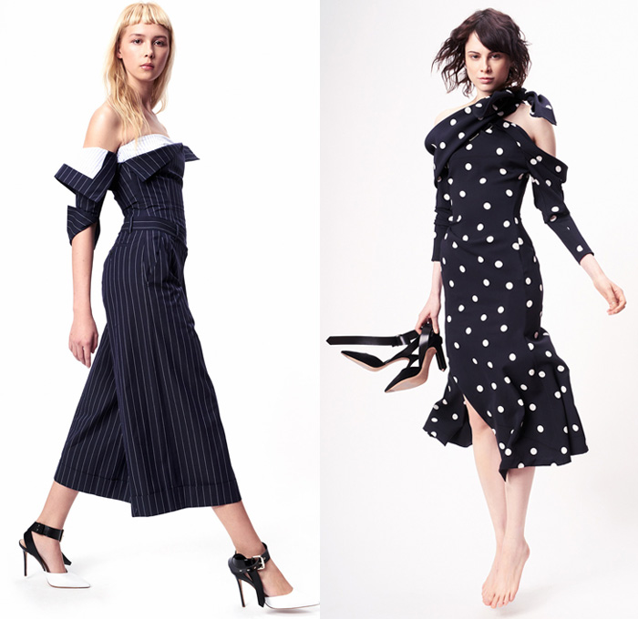 Monse 2017 Pre Fall Autumn Womens Lookbook Presentation - Twisted Wrap Drapery Knots Ribbons Deconstructed Mens Tailoring Shirting Pinstripe Stripes Polka Dots Dad Jeans Tapered Denim Silk Satin One Shoulder Dress Gown Eveningwear Peel Away Buttons High Slit Shirtdress Half & Half Outerwear Blazer Jacket Pantsuit Tuxedo Flare Vest Waistcoat Wide Leg Culottes Geometric Leopard Heels