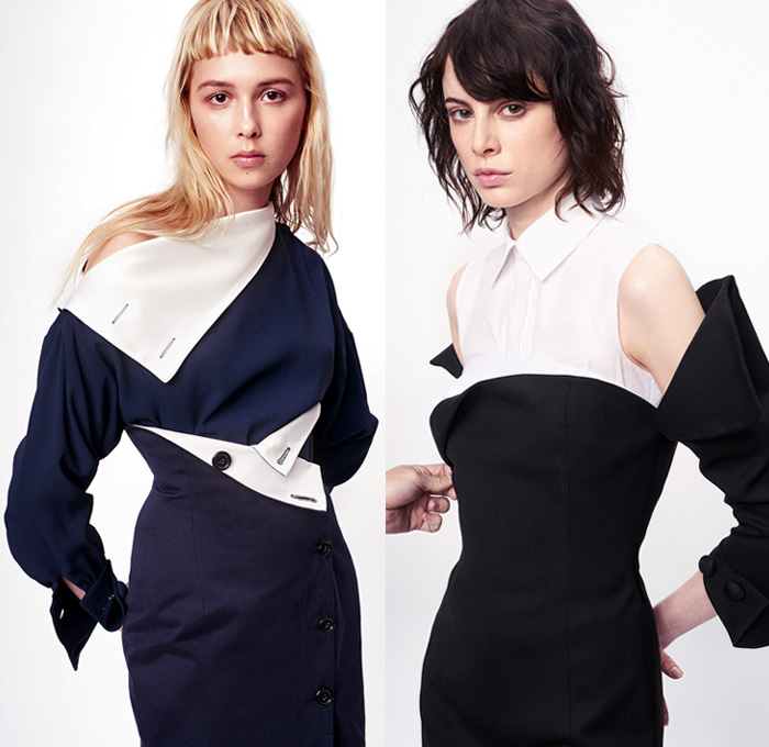 Monse 2017 Pre Fall Autumn Womens Lookbook Presentation - Twisted Wrap Drapery Knots Ribbons Deconstructed Mens Tailoring Shirting Pinstripe Stripes Polka Dots Dad Jeans Tapered Denim Silk Satin One Shoulder Dress Gown Eveningwear Peel Away Buttons High Slit Shirtdress Half & Half Outerwear Blazer Jacket Pantsuit Tuxedo Flare Vest Waistcoat Wide Leg Culottes Geometric Leopard Heels