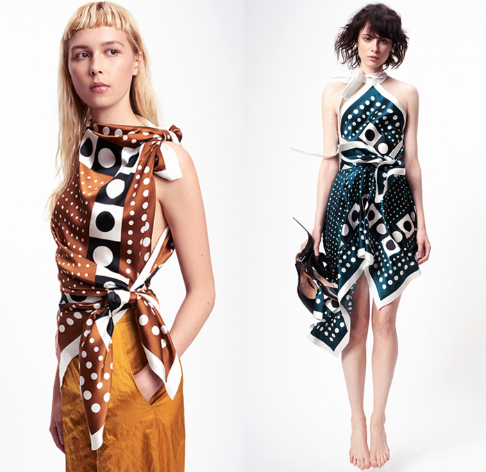 Monse 2017 Pre Fall Autumn Womens Lookbook Presentation - Twisted Wrap Drapery Knots Ribbons Deconstructed Mens Tailoring Shirting Pinstripe Stripes Polka Dots Dad Jeans Tapered Denim Silk Satin One Shoulder Dress Gown Eveningwear Peel Away Buttons High Slit Shirtdress Half & Half Outerwear Blazer Jacket Pantsuit Tuxedo Flare Vest Waistcoat Wide Leg Culottes Geometric Leopard Heels