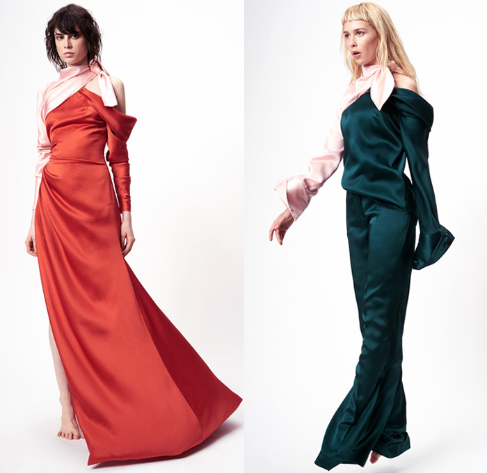 Monse 2017 Pre Fall Autumn Womens Lookbook Presentation - Twisted Wrap Drapery Knots Ribbons Deconstructed Mens Tailoring Shirting Pinstripe Stripes Polka Dots Dad Jeans Tapered Denim Silk Satin One Shoulder Dress Gown Eveningwear Peel Away Buttons High Slit Shirtdress Half & Half Outerwear Blazer Jacket Pantsuit Tuxedo Flare Vest Waistcoat Wide Leg Culottes Geometric Leopard Heels